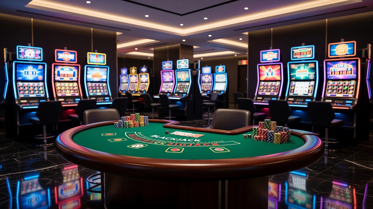 Verschiedene Casino-Spiele auf einem grünen Spieltisch mit Karten und Chips