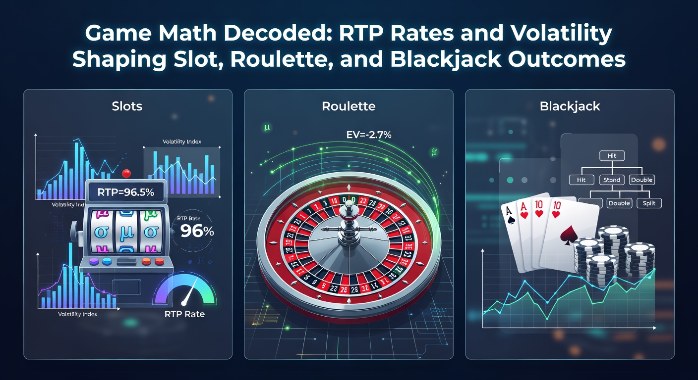 Grafik, die RTP-Raten und Volatilitätskurven für Slots, Roulette und Blackjack veranschaulicht, mit Balkendiagrammen und Wellenlinien für Schwankungen