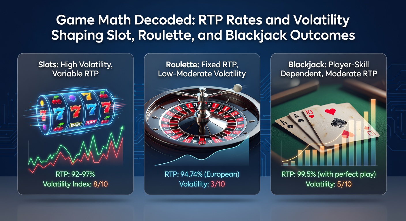 Detaillierte Infografik mit RTP-Vergleichstabelle für Slots, Roulette und Blackjack, inklusive Volatilitätsbalken und Beispiel-Sessions