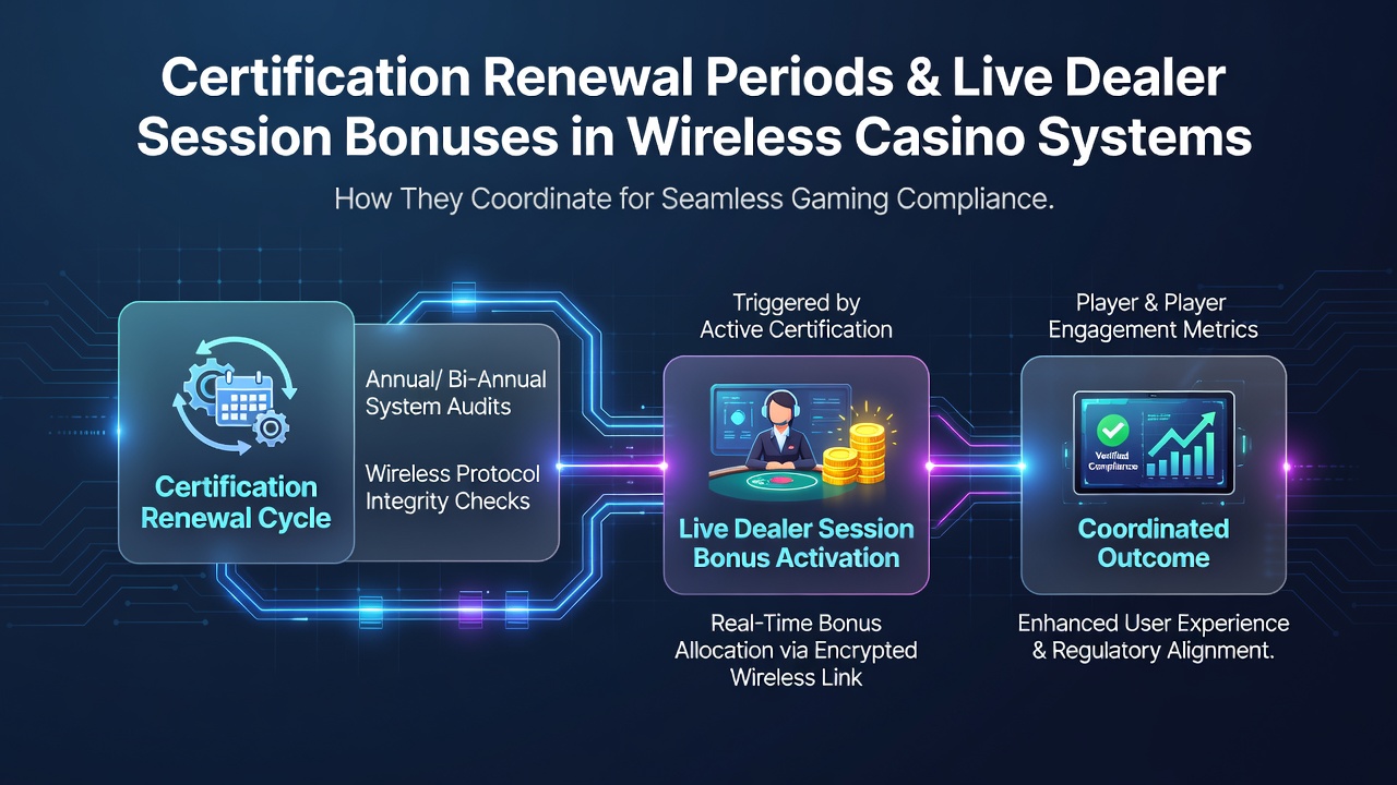 Darstellung der Synchronisation von Zertifizierungszyklen mit Live-Dealer-Boni in drahtlosen Casino-Systemen
