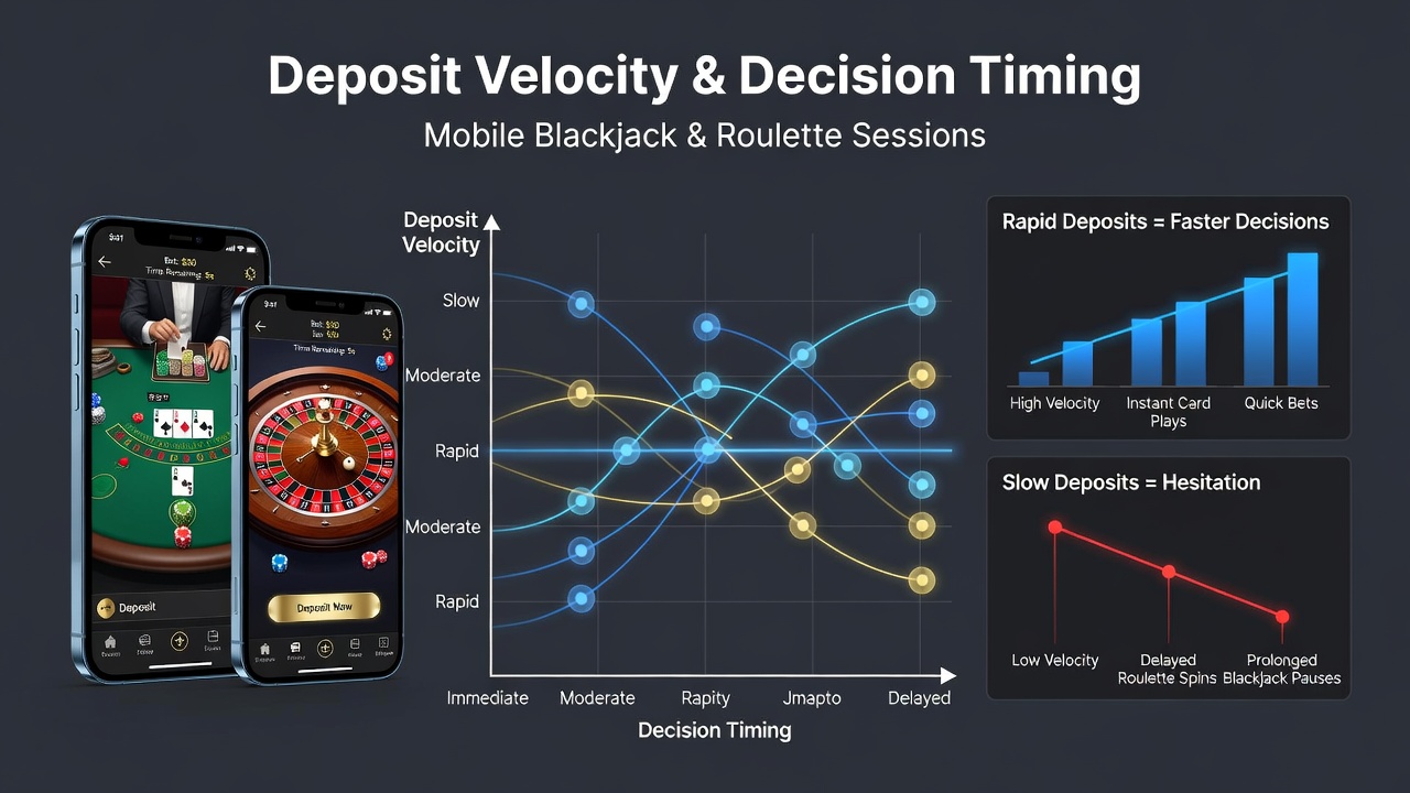 Darstellung von Zeitachsen mit Einzahlungs- und Entscheidungssequenzen in mobilen Roulette- und Blackjack-Sessions