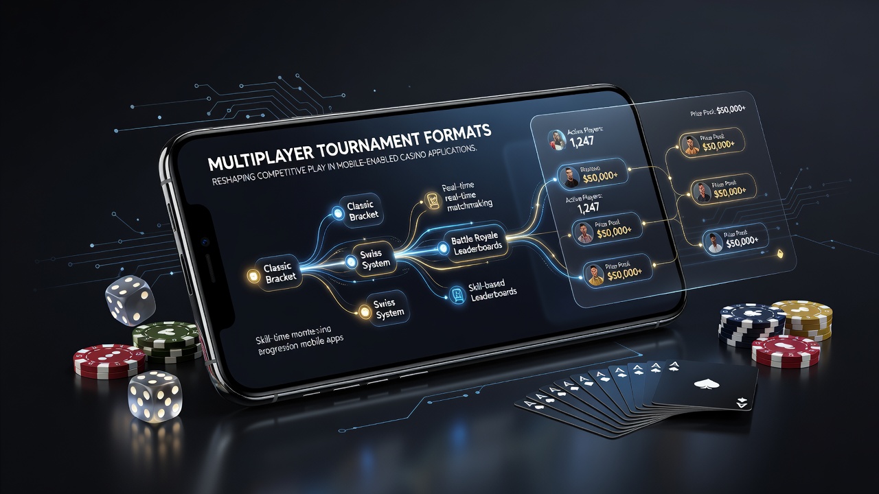Mobile Casino-Turnier-Szene mit mehreren Spielern und Echtzeit-Ranglisten auf Smartphones