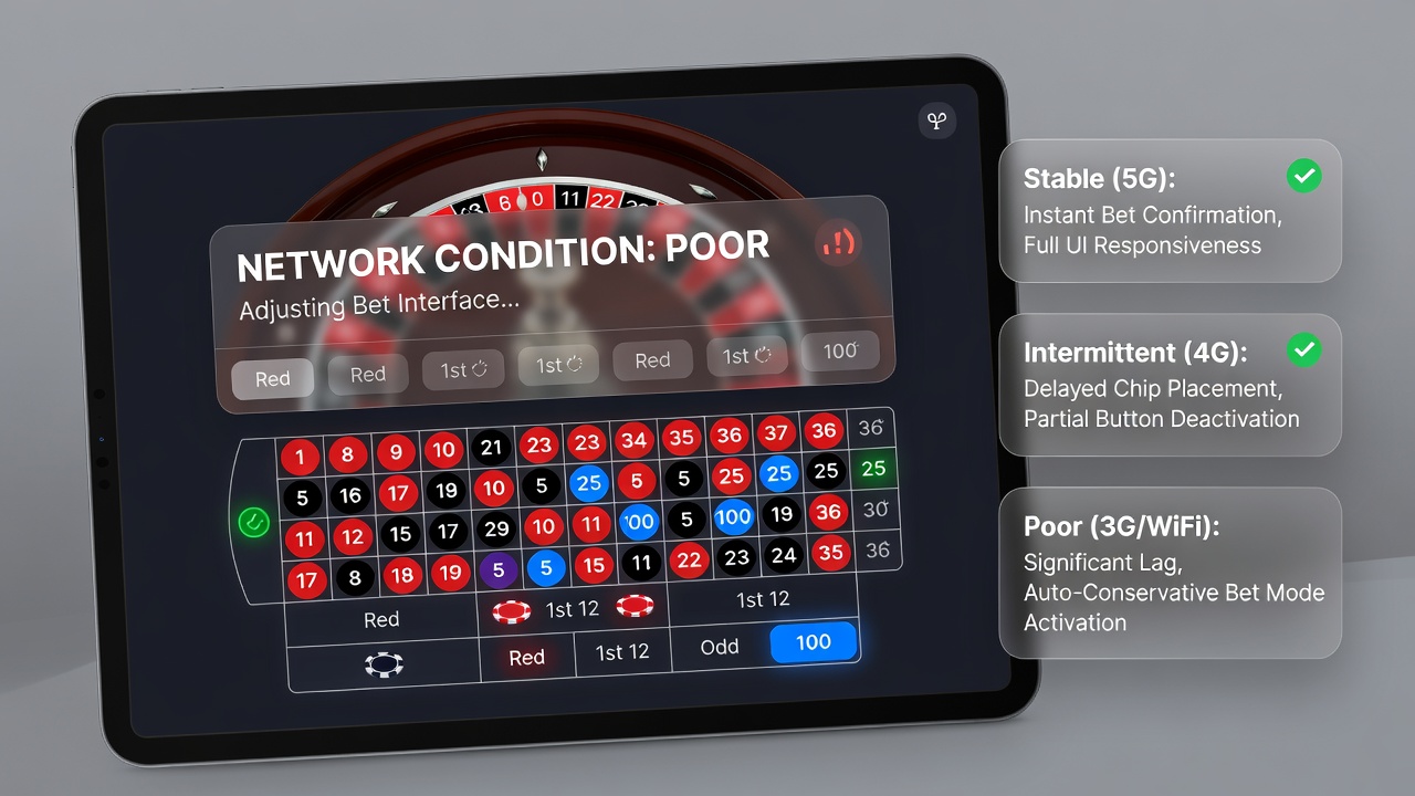 Detailansicht einer Roulette-App-Oberfläche mit Netzwerkindikatoren und flexiblen Einsatzreglern