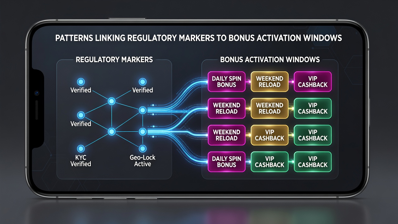 Grafik illustriert Korrelationen zwischen regulatorischen Markern und Zeitfenstern für Bonusaktivierungen in Smartphone-Casino-Interfaces