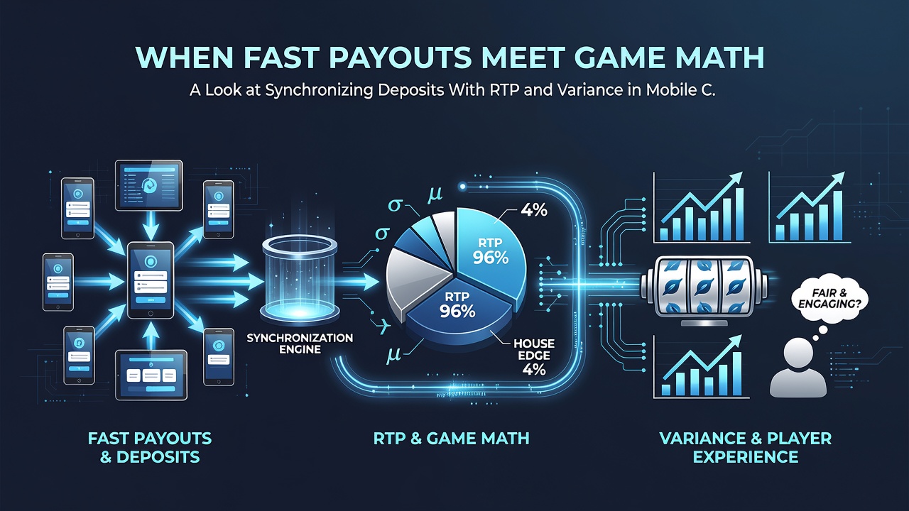 Mobile casino screen displaying synchronized deposit flow with RTP and variance graphs